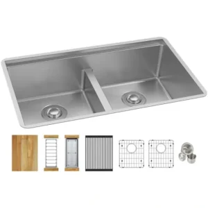 Elkay ECTRUAQ31169TWC Crosstown® 18 Gauge Workstation Stainless Steel 31-1/2& x 18-1/2& x 9& Equal Double Bowl Sink Kit with Aqua Divide - One-stop shop for professional tools and equipment.^ Hand