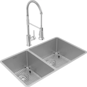 New Elkay ECTRU32179LTFBC Crosstown® 18 Gauge Stainless Steel 31-1/2& x 18-1/2& x 9& 40/60 Double Bowl Undermount Sink & Faucet Kit with Bottom Grid & Drain - One-stop shop for professional tools and equipment. Full
