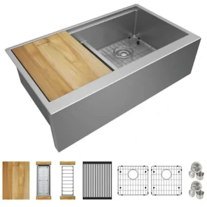 Elkay EFRUFFA33179RW Crosstown® 16 Gauge Workstation Stainless Steel 34-7/8& x 20-1/4& x 9-7/16& Equal Double Bowl Farmhouse Sink Kit with Aqua Divide - One-stop shop for professional tools and equipment.^ Hand