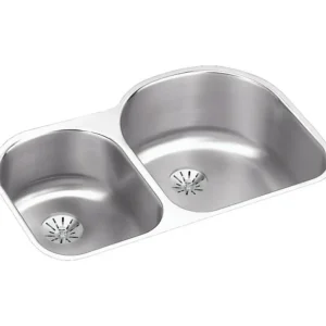 Elkay ELUH311910LPD Lustertone® Classic Stainless Steel 31-1/4& x 20& x 10& Offset 40/60 Double Undermount Sink w/Perfect Drain® - One-stop shop for professional tools and equipment.^ Hand