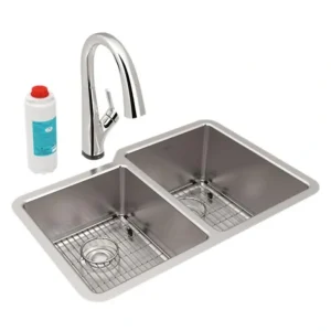 Elkay ELUH3120LTFLC Lustertone Iconix® 18 Gauge Stainless Steel 31-1/4& x 20-1/2& x 9& Double Bowl Undermount Sink Kit with Filtered Faucet - One-stop shop for professional tools and equipment.^ Hand