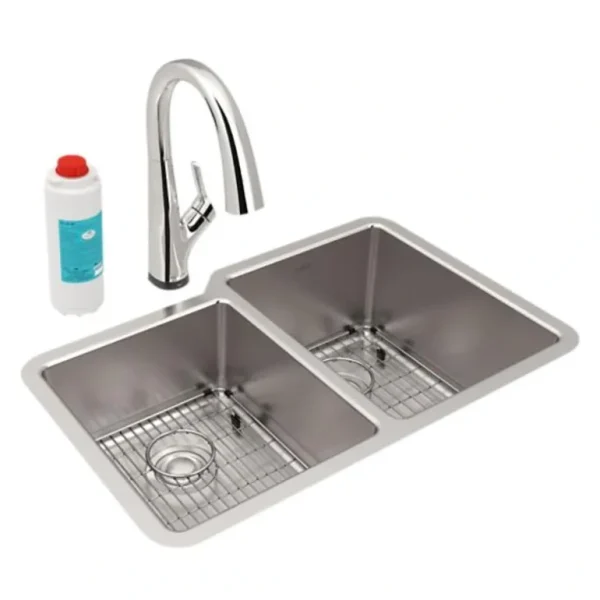 Elkay ELUH3120LTFLC Lustertone Iconix® 18 Gauge Stainless Steel 31-1/4& x 20-1/2& x 9& Double Bowl Undermount Sink Kit with Filtered Faucet - One-stop shop for professional tools and equipment.^ Hand