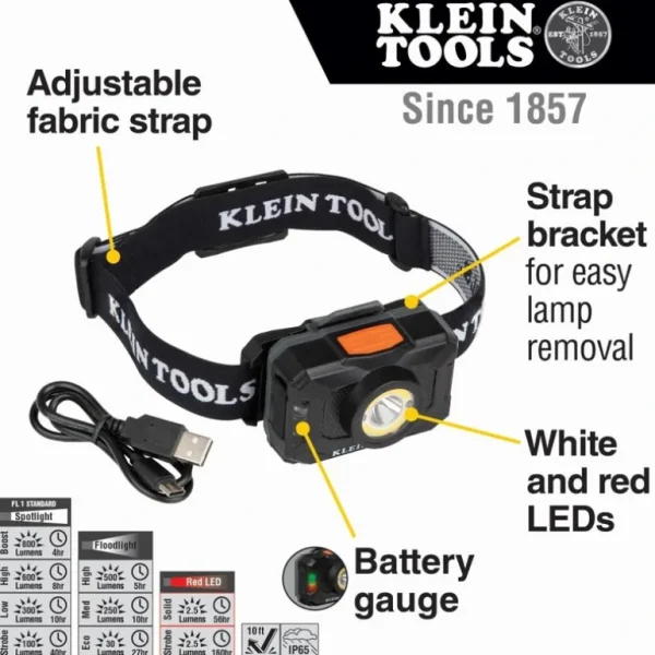 Klein Tools 56414 Rechargeable 2-Color LED Headlamp with Adjustable Strap - One-stop shop for professional tools and equipment.^ Hand