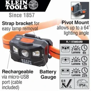 Klein Tools 56064 Rechargeable Headlamp with Silicone Strap, 400 Lumens, All-Day Runtime - One-stop shop for professional tools and equipment.^ Power Tools