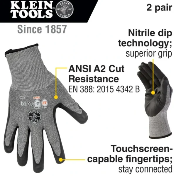 Klein Tools 60197 Work Gloves, Cut Level 2, Touchscreen, X-Large, 2-Pair - One-stop shop for professional tools and equipment.^ Hand