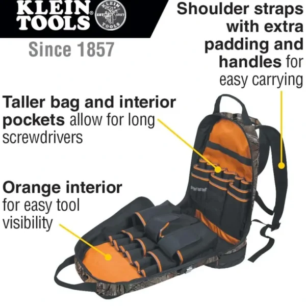 Klein Tools 55421BP14CAMO Tradesman Pro Tool Bag Backpack, 39 Pockets, Camo, 14-Inch - One-stop shop for professional tools and equipment.^ Hand