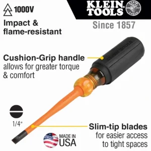Klein Tools 6924INS Slim-Tip Insulated Screwdriver, 1/4-Inch Cabinet, 4-Inch Round Shank - One-stop shop for professional tools and equipment.^ Hand