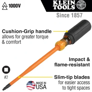 Klein Tools 6946INS Slim-Tip 1000V Insulated Screwdriver, #2 Square, 6-Inch Round Shank - One-stop shop for professional tools and equipment.^ Hand